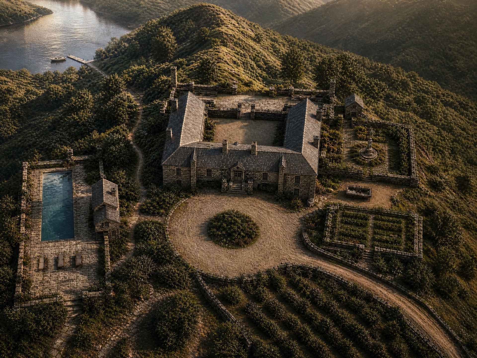 Aerial view of The Appalache Estate grounds at arrival.
