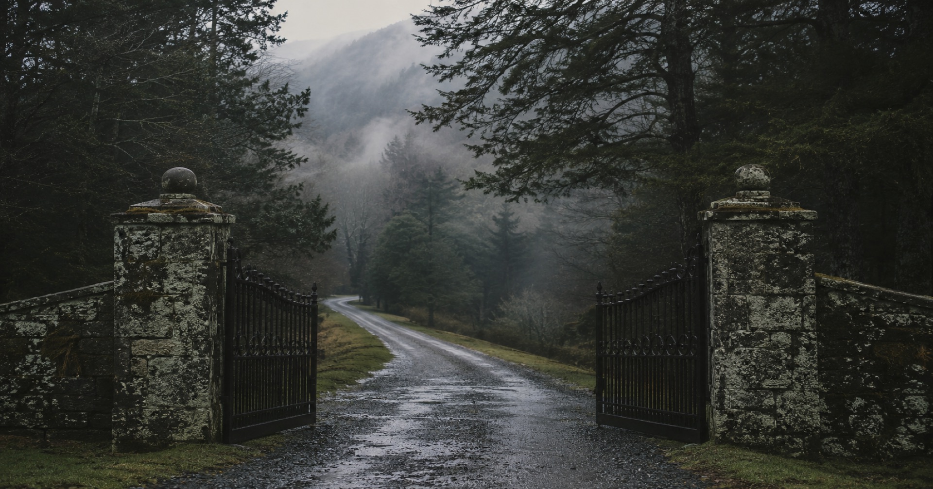 The Appalache Estate gates open onto a misted mountain road.