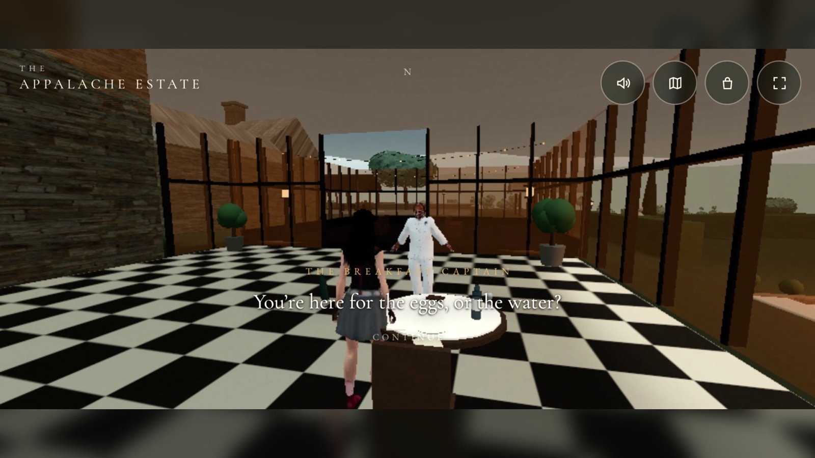 A gameplay character dialogue scene.