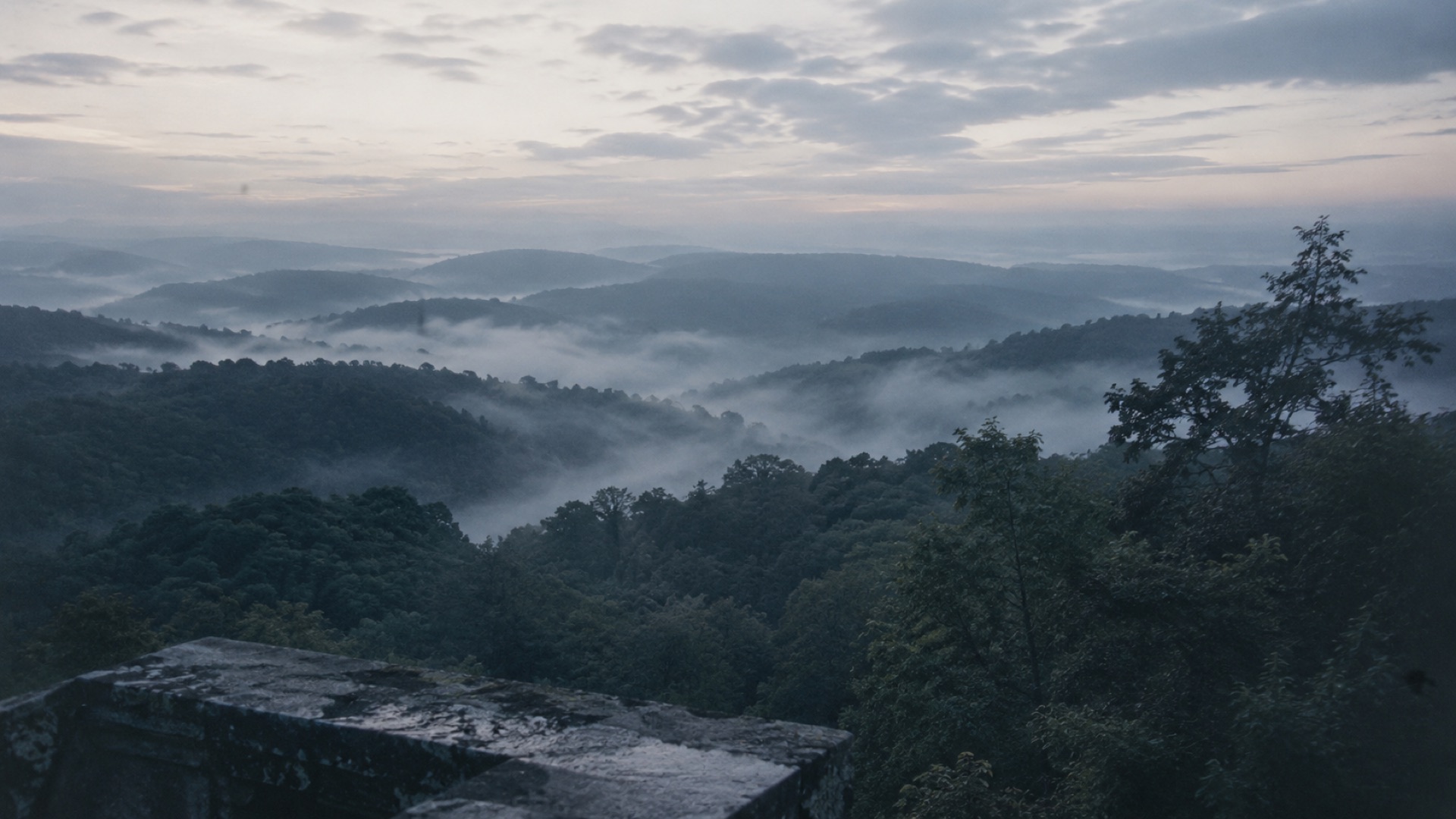The estate terrace and ridge in muted mountain light.